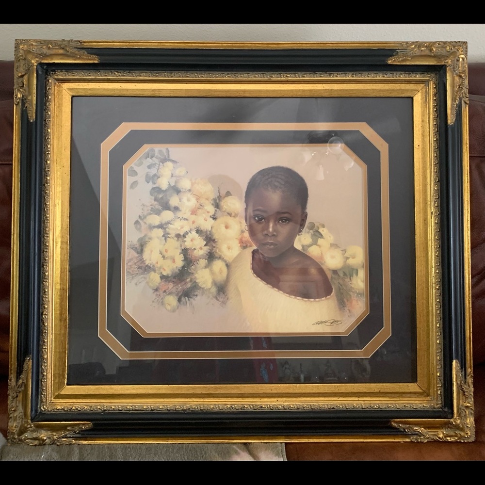 Little Flower Art signed Carl Owens. In an Elegant Gold & Black Glass frame - Picture 2 of 11